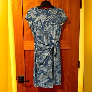 J McLaughlin blue printed faux wrap dress.